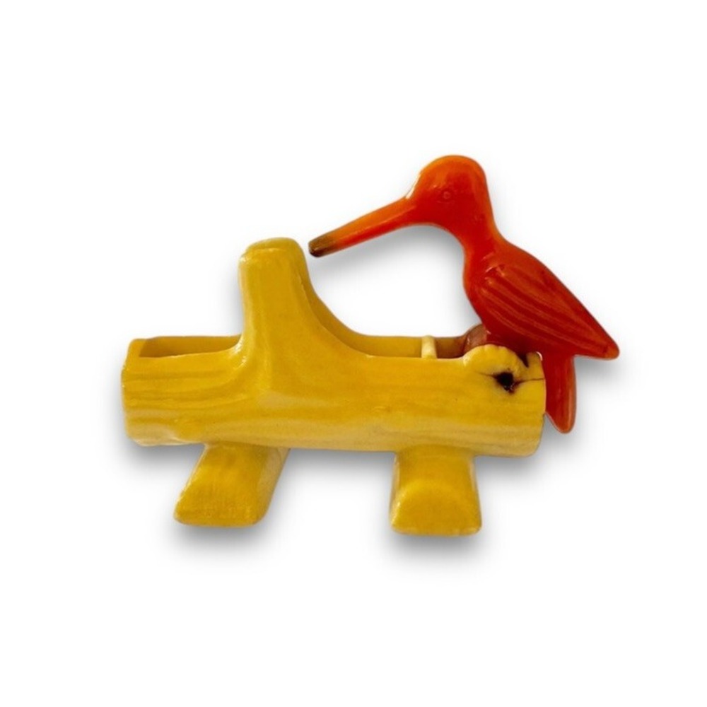 VTG Plastic Woodpecker Toothpick Holder Dispenser Yellow Log Red Brown Bird MCM